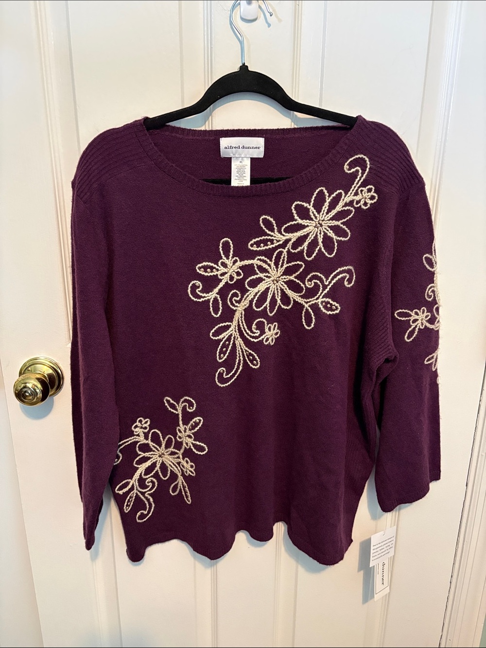 Alfred Dunner Purple Scoop Neck Sweater with Cream Floral Embroidery
